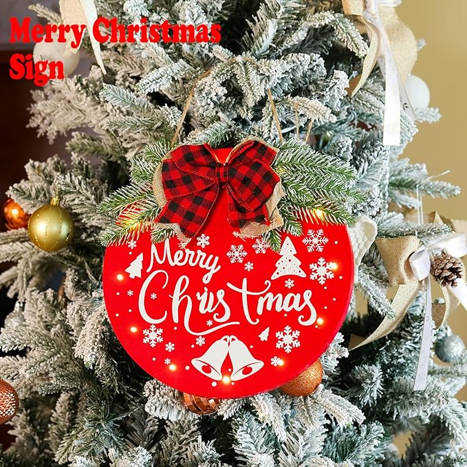 HOMCDALY Merry Christmas Welcome Sign for Front Door, Red X-mas Sign with Light, Holiday Door Decoration Wooden Hanging Sign, Christmas Decoration, Wall Art, Wall Decor(Red)