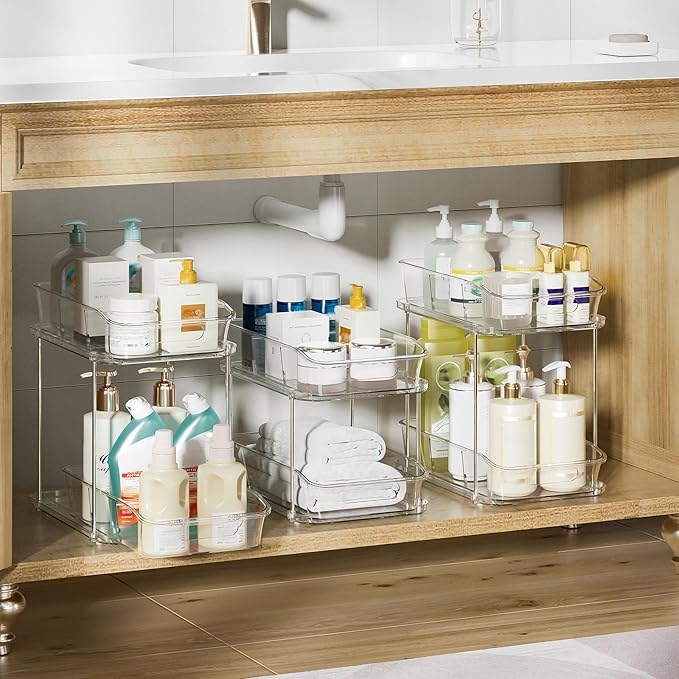 Delamu 3 Pack Bathroom Organizers and Storage, 2 Tier Clear Under Sink Organizer, Pull Out Medicine Cabinet Organizer