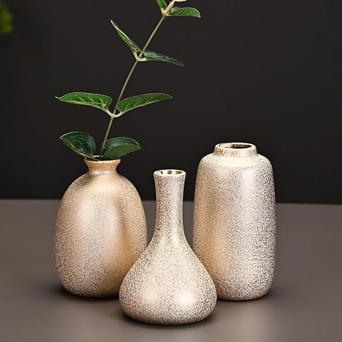 Set of 9 Ceramic Bud Vases for Pampas Grass Flowers, Small Vases in Bulk for Centerpieces Boho Vases for Wedding Decorations Neutral Living Room and Bedroom Decor DIY Gift (Gold)