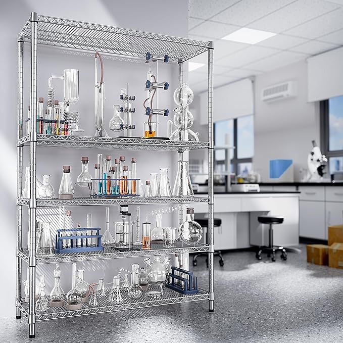 IZEUK 4250 LBS Garage Shelving Wide Storage Shelves 5 Tier Metal Shelves Heavy Duty Adjustable Utility Shelf Rack Chrome 17.7" D x 59.1" W x 70.4" H