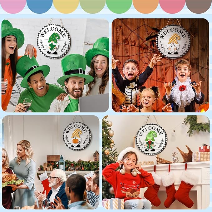 Qunclay Interchangeable Wooden Gnome Decor Holiday Seasonal Gnome Decorations with Magnet Pieces and Detachable Hats Changeable Welcome Sign for Home(Vivid Style)
