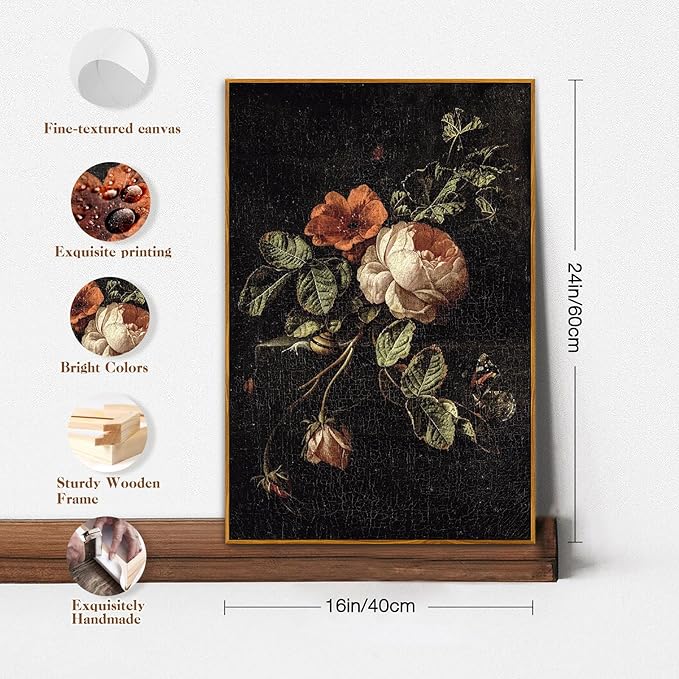 crmotu Vintage Framed Wall Art, Botanical Floral Canvas Art Prints, Still Life Rose Rustic Farmhouse Decor, Antique Flower Black Wall Pictures for Living Room Bedroom Bathroom Office Artwork 16x24in