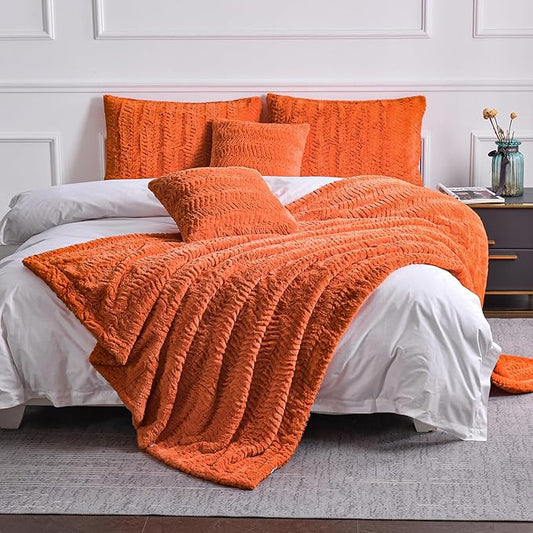 YUSOKI Luxury Faux Fur Blanket for Queen Size Bed 2 Layers,7.3lb,All Ages,Home Decoration Without Pillows (Burnt Orange,90"x90")