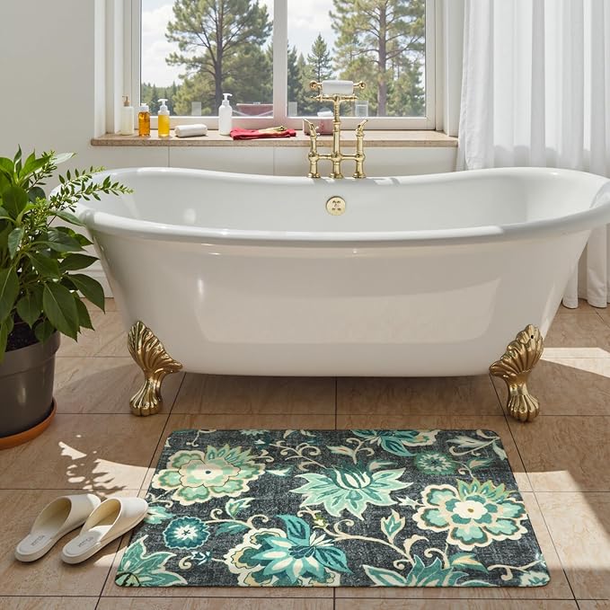 Lahome Floral Entryway Rug - 2x3 Small Throw Kitchen Rugs Non-Slip Washable Bedroom Rugs Blue Paisley Print Bathroom Mat Accent Distressed Doormat Floor Carpet for Laundry Room Living Room Office