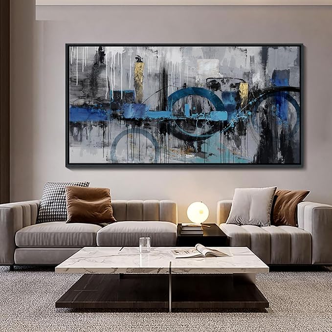 KLAKLA Large Abstract Wall Art Canvas - Blue and Gray Lnk Style Gold City Scenes Wall Decor Living Room Bedroom Decoration Black Frame Picture Artwork for Wall Modern Landscape Wall Decor