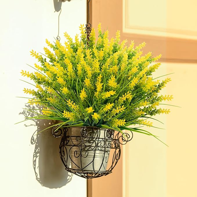 Artificial Plants Outdoor, 20 Bundles Fake UV Resistant Monkey Grass with Flowers for Pot Garden Decor, Outdoor Faux Plants Window Verandah Office Patio Planter Pathway Front Porch(Yellow)