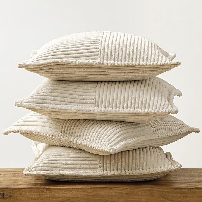 MIULEE Beige Throw Pillow Covers 16x16 Inch 4 Packs Soft Boho Decorative Pillow Cases Accent Farmhouse Corduroy Patchwork Cushion Cases with Invisible Zipper for Couch Sofa Bed Home Decor