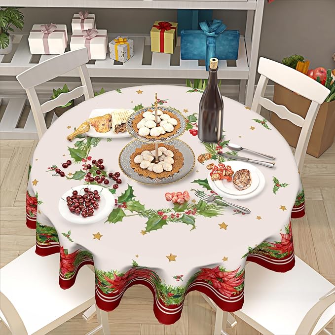 Kawani Christmas Round Tablecloth 60 Inch Holiday Tablecloth Decor Winter Merry Christmas Table Cloth Polyester Fabric Washable Xmas Table Cover for Kitchen Dining Room Outside Decoration
