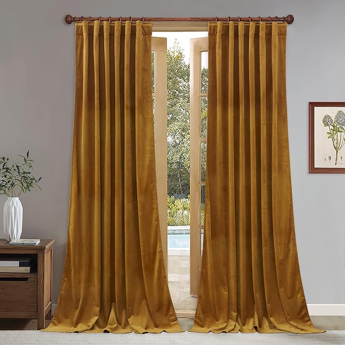 StangH Mustard Gold Curtains 108 inches - Velvet Room Darkening Bedroom Curtains Thermal Insulated Kids Room Privacy Drapes Rod Pocket & Back Tab Top Curtain for Home Theater, W52 x L108, 2 Panels