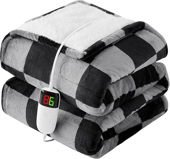 Heated Electric Blanketc Throw, 50X60 Heating Blanket with 10 Heat Level & 8 Hours Auto Off for Lap, Black Gray Checkered Plaid Soft Sherpa Blankets Warmer Gifts for Couch Grandma Women Adults, ETL