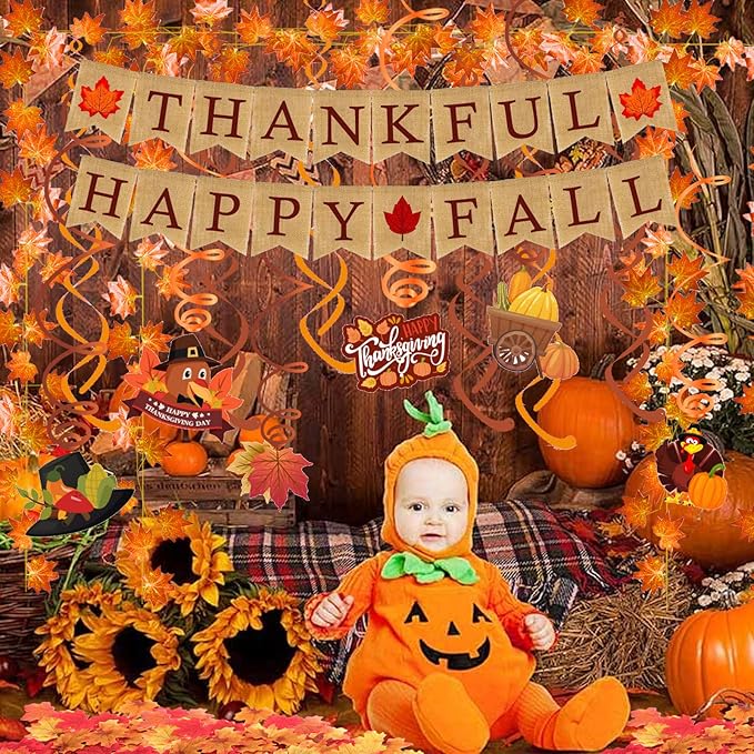Thankful Happy Fall Burlap Banner Paper Triangular Bunting Maple Leaf Garland Plastic Streamer for Autumn Harvest Thanksgiving Day Party Decoration