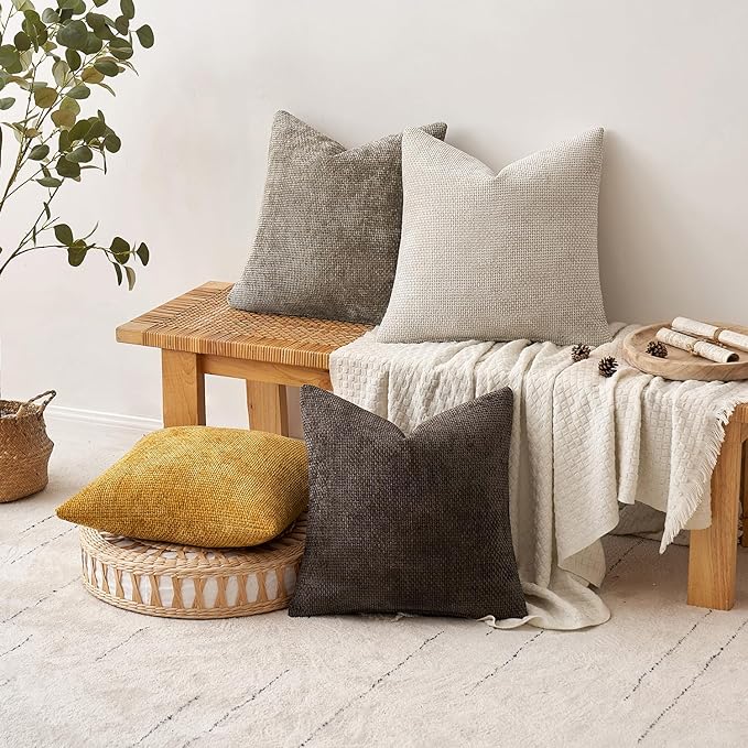 MIULEE Pack of 4 Couch Throw Pillow Covers 18x18 Inch Neutral Gold/Brown Soft Decorative Chenille Pillow Covers Farmhouse Accent Cushion Covers for Boho Home Decor Sofa Bedroom Living Room