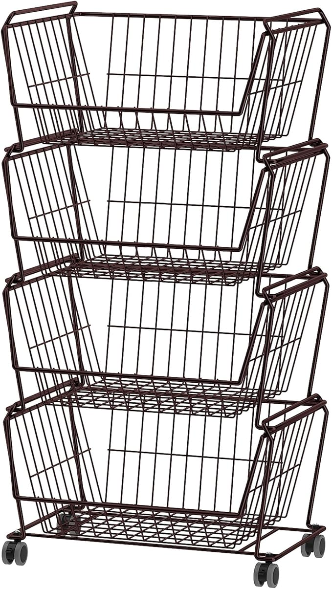 PUSDON 4-Tier Stackable Metal Storage Baskets, Anti-Rust Fruit Vegetable Rack, Dual Use Shelf for Kitchen, Home & Office, Bronze