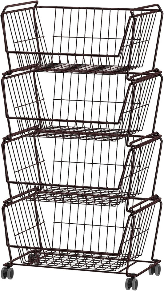 PUSDON 4-Tier Stackable Metal Storage Baskets, Anti-Rust Fruit Vegetable Rack, Dual Use Shelf for Kitchen, Home & Office, Bronze