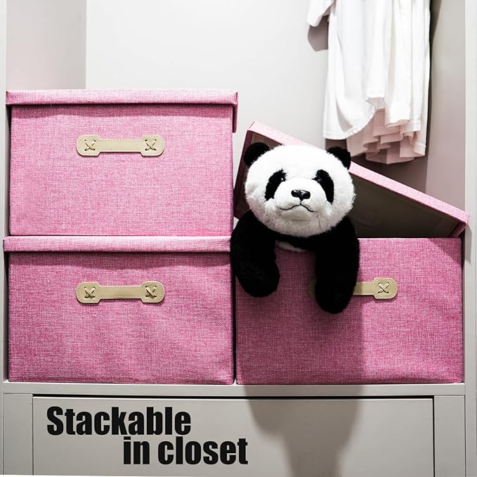 Enzk&Unity Decorative Storage Bins with Lids, Fabric Linen Foldable Storage Box with Handle Home Organizer for Shelf, Closet, Bedroom, Living Room, Office, 3 Packs, Pink