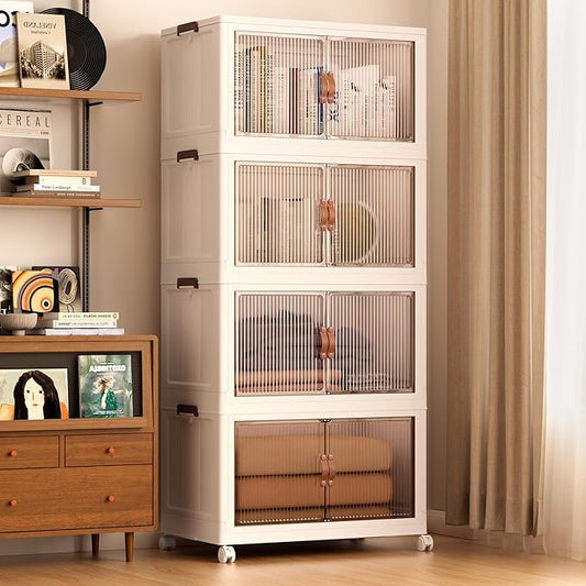 Jalove 88QT Plastic Storage Bins with lids, Stackable Collapsible Storage Containers with Wheels, Closet Organizer and Storage Drawers, Clothes Storage Cabinet for Home Office Garage, 4 Pack White