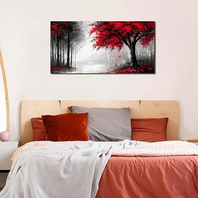 Large Canvas Wall Art for Living Room Black White and Red Tree of Life Print Pictures Painting Framed Wall Decor for Bedroom Modern Home Forest Scenery Wall Decorations Artwork Size 20x40 Ready to Hang