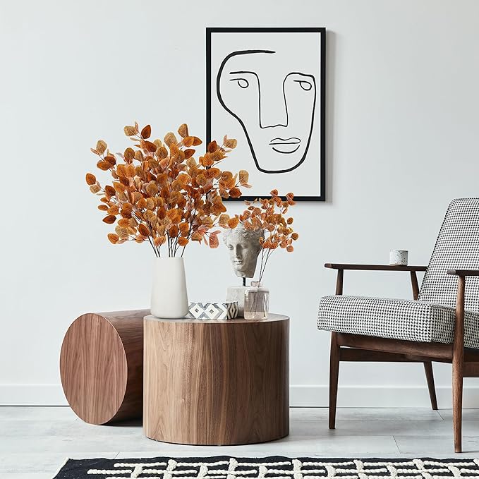 Sggvecsy 6 Pcs Fall Eucalyptus Leaves Artificial Eucalyptus Stems Long Silver Dollar Leaves Autumn Leaf Branches Fake Silk Eucalyptus for Indoor Home Autumn Thanksgiving Decor (Mixed Fall Color)