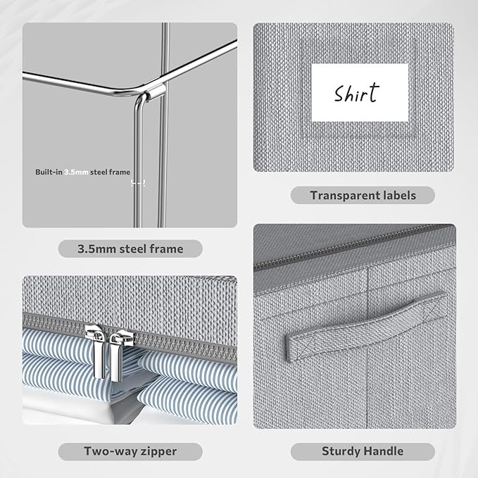 Clothes Storage Bins Box - Foldable Stackable Container Organizer Set with Clear Window & Carry Handles & Metal Frame - 2Pack Large Capacity for Bedding, Blankets, Books