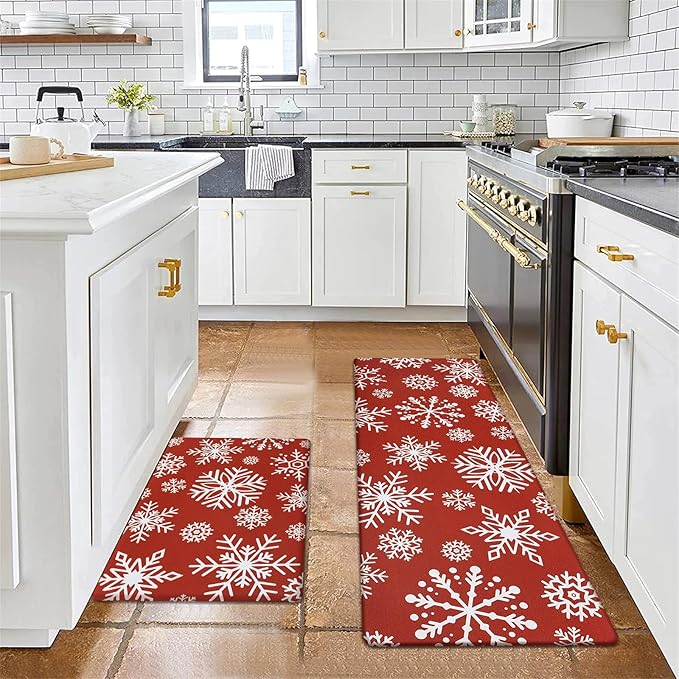 SHACOS Christmas Kitchen Rugs Set of 2 Anti-Fatigue Kitchen Mats Cushioned Red Christmas Kitchen Rugs White Snow Farmhouse Kitchen Mats and Rugs for Xmas 17x27.5+17x47, Snowflakes