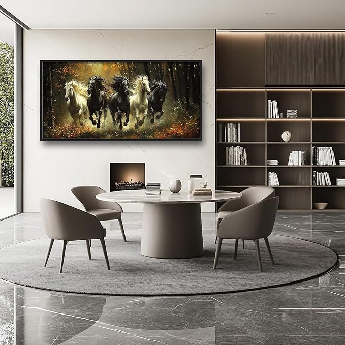 Olivine Horse Wall Art, Running Horses Pictures Wall Decor, Black And White Horse Paintings, Forest Landscape Canvas Prints, Framed Artwork for Bathroom Bedroom Living Room Office Home 60"x30"