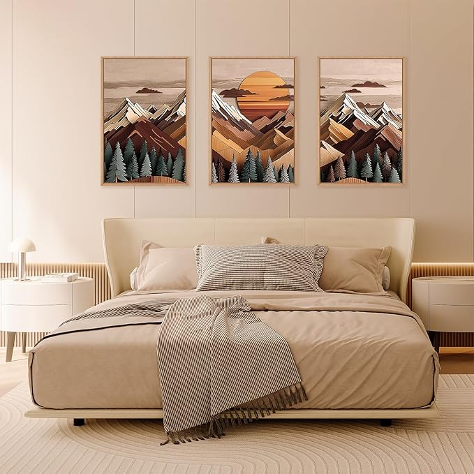 KAIRNE Mountain Framed Canvas Wall Art Set, Mountain Themed Wall Decor, Wooden Pine Tree Scene Wall Painting, Vintage Forest Landscape Art Prints for Living Room, Bedroom, Office 24"x36"x3