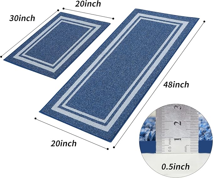 COSY HOMEER Kitchen Rugs Non-Slip 20x30/20x48 Inch Thick Polypropylene Standing Mat for Home Machine Washable, Bule Frame