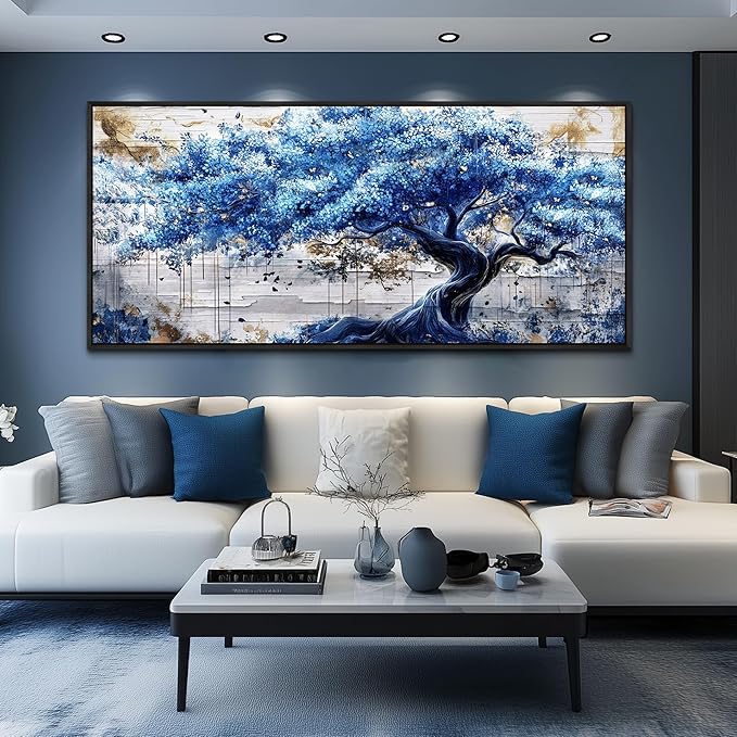 ERQINHUA Large Canvas Wall Decor For Living Room Wall Art For Bedroom Office Home Decor Blue Tree Wall Paintings Farmhouse Abstract Watercolour Pictures Artwork Ready To Hang 32x72 In Black Framed