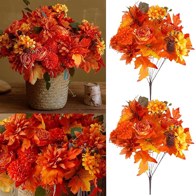 Anna's Whimsy 2 Pcs Fall Artificial Flowers,Artificial Plants Indoor, Fall Decor Silk Flowers Bouquet for Home Wedding Thanksgiving Decoration (Orange, 2)