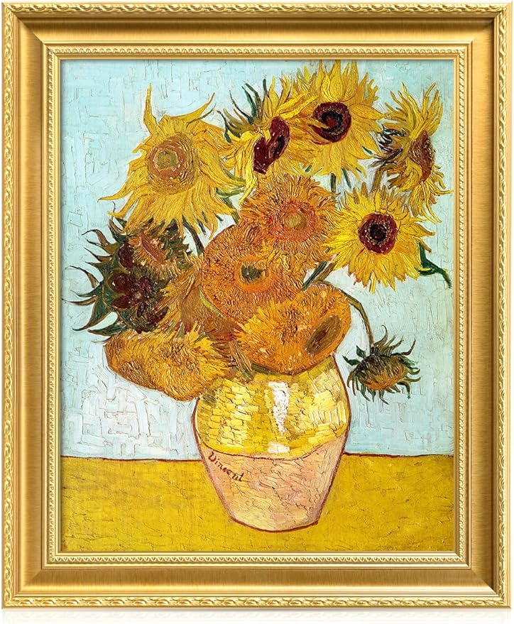 DECORARTS - Twelve Sunflowers by Vincent Van Gogh. Giclee Print on Acid-Free Canvas in Gold Solid Wood Frame. Picture Size: 16x20, Total Size: 24.75x20.75, Made in USA