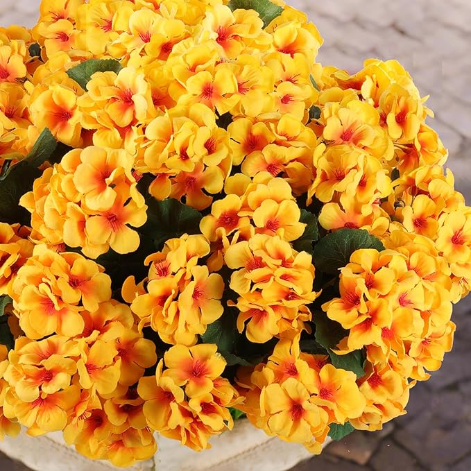 Hananona 12 Pcs Artificial Geranium Flowers for Outdoors Geranium Silk Yellow Flowers Outdoor UV Resistant Garden Plants Faux Fall Flower for Home Kitchen Table Centerpieces Decor (12, Yellow)