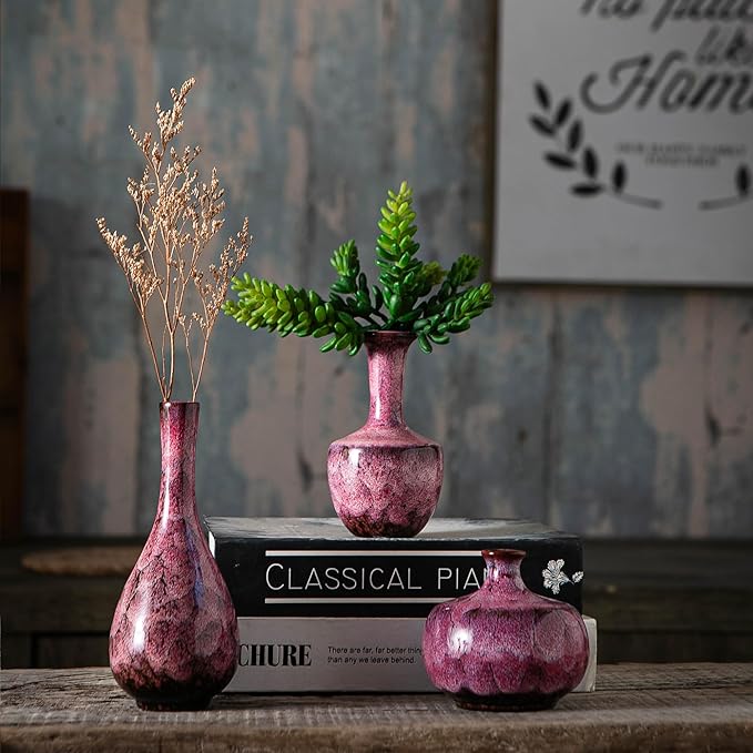 Pink Ceramic Bud Vases, Set of 6 Small Glazed Pottery Vases for Floral Arrangements, Decorative Rustic Vases for Modern Farmhouse Home Decor, Living Room, Dining Table Centerpieces