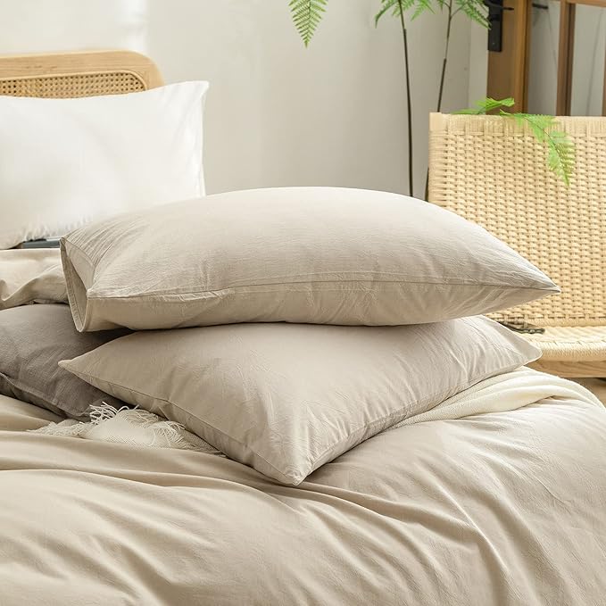 BESTOUCH Duvet Cover Set 100% Washed Cotton Linen Feel Super Soft Comfortable Chic Lightweight 3 PCs Home Bedding Set Solid Almond Milk Grey Queen