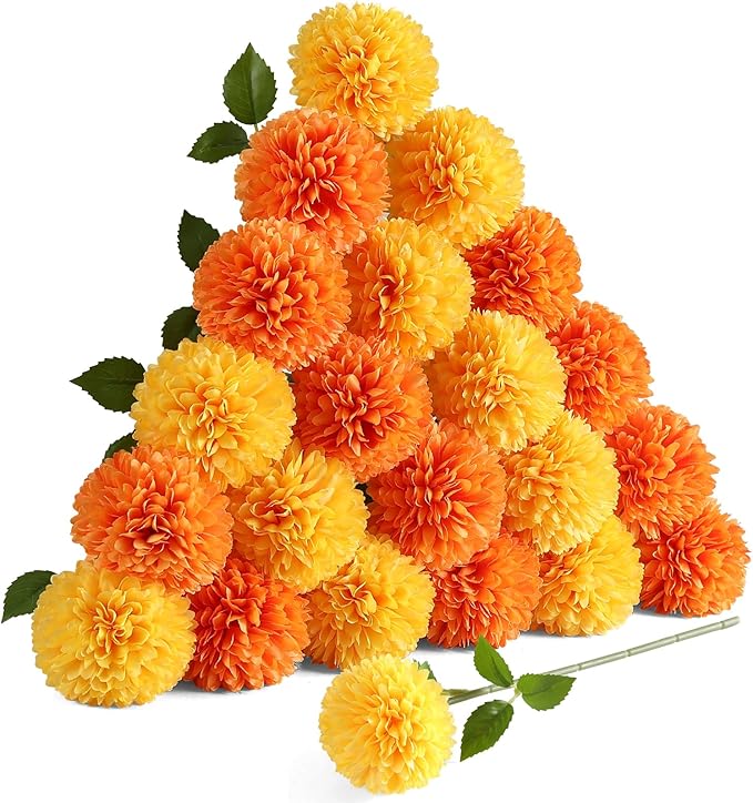 Floweroyal 24pcs Fall Flowers Artificial Chrysanthemum Ball Flower, Fake Mums Silk Hydrangea Flowers Bridal Wedding Bouquet for Home Garden Party Autumn Decor