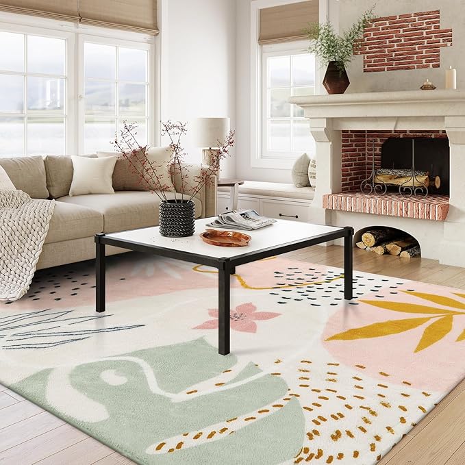 Lahome Pink Rug Machine Washable Area Rugs - 6x9 Non-Slip Large Living Room Rug Lightweight Throw Soft Carpet for Bedroom, Boho Botanical Print Ultra-Thin Indoor Rug for Classroom Nursery Dining Room