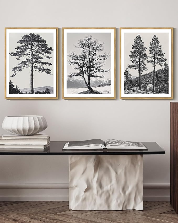 KUVIOKE Vintage Black Gray Forest Wall Art Framed Antique Retro Tree Prints Modern Rustic Artwork Bedroom Living Room Ready to Hang 11x14in (Natural Framed)
