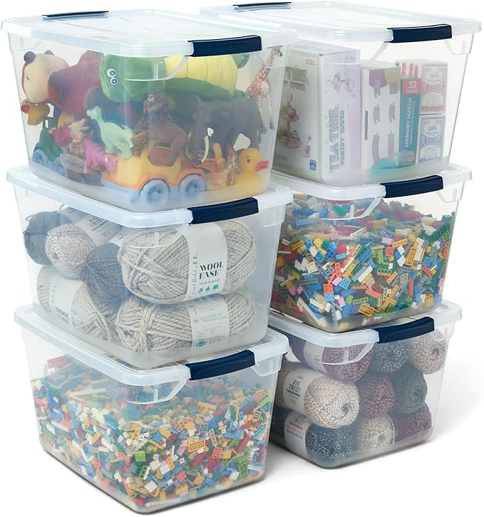 Rubbermaid Cleverstore Clear 30 QT Pack of 6 Stackable Plastic Storage Containers with Durable Latching Clear Lids