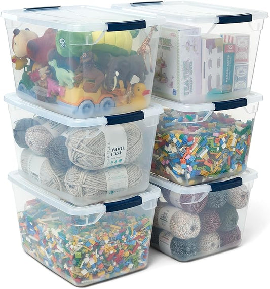 Rubbermaid Cleverstore Clear 30 QT Pack of 6 Stackable Plastic Storage Containers with Durable Latching Clear Lids