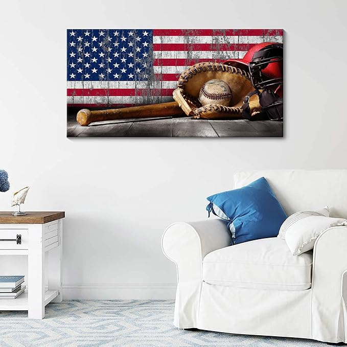 YDYSUNE Baseball Wall Art Vintage American Flag Canvas Prints Sports Pictures Paintings for Living Room Office Home Decorations Modern Artwork 24×48IN