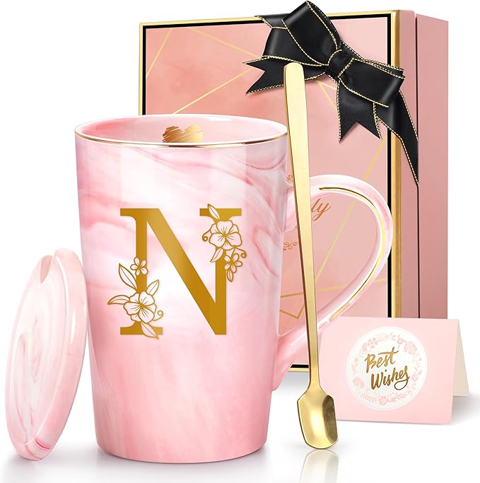 Coffee Mugs - Birthday Gifts for Women, Personalized Initial Customized Mug Tea Cup with Lid 14 Oz Pink, Spoon Greeting Card, Luxury Gift-Boxed Christmas Gift for Her Wife Mom Grandma Friend Unique,N