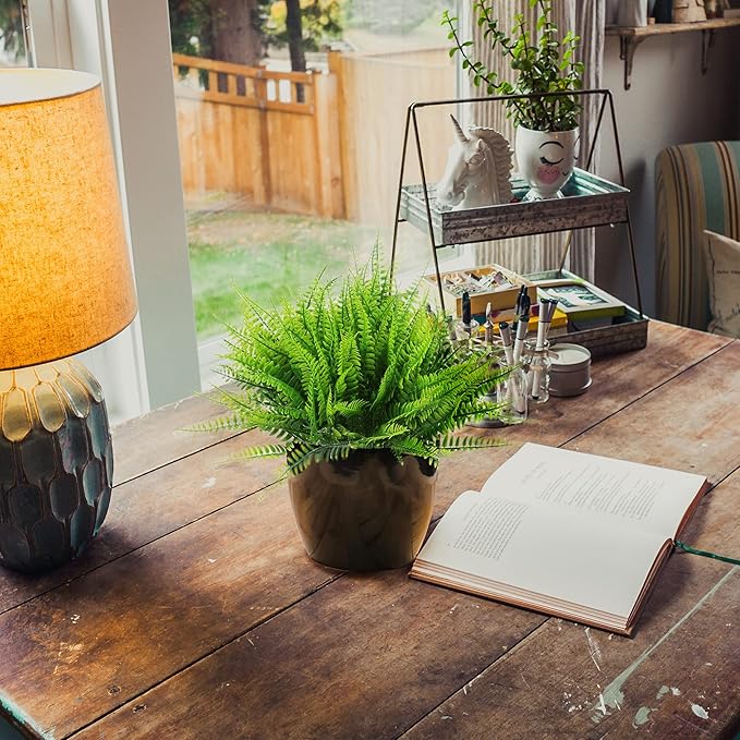 8 Bundles Ferns Artificial Plant Flower Outdoor Fake Boston Fern Bushes UV Resistant Plastic Faux Fern Greenery Stems Leaves for Home Indoor Outside Ground Porch Garden Arrangements Décor