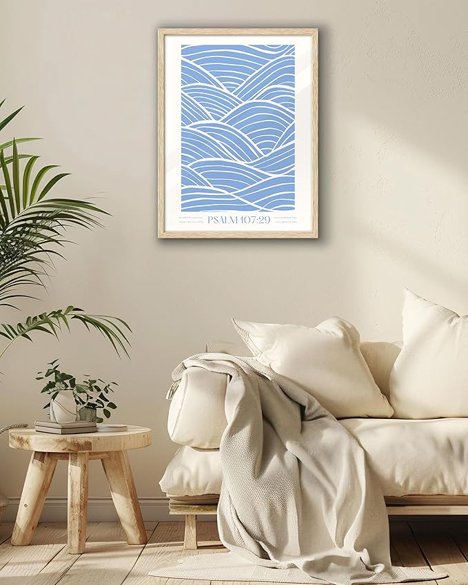 EcoHest Modern Christian Ocean Waves Framed Wall Art, 12x16 in OAK Wood Christian Psalm 107:29 Canvas Wall Art, Beige Logs Storm Home Decor Set of 1 for Bedroom Living Room