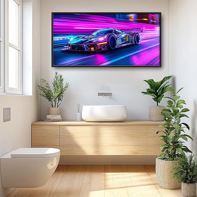 Flintis Large Racing Car Framed Wall Art Neon Race Supercar Pictures Wall Decor Abstract Colorful Car Canvas Painting Print Artworks Decor Framed for Living Room Bathroom Master Bedroom 60L X 30W