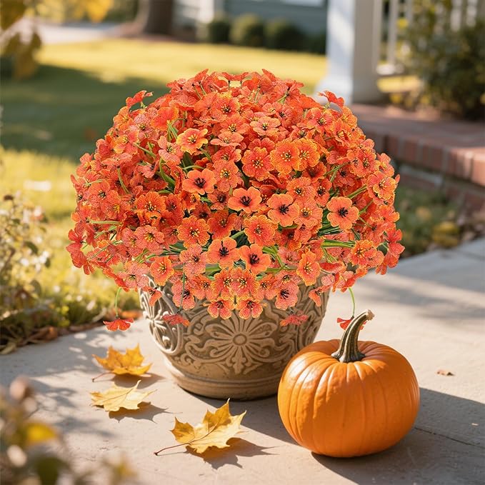 20 Bundles Fall Flowers Artificial for Decoration Outdoors, Fake Flowers Faux Plants Silk Colorful Daisy Eucalyptus Realistic UV Resistant for Garden Patio Porch Box Home Decor, Orange