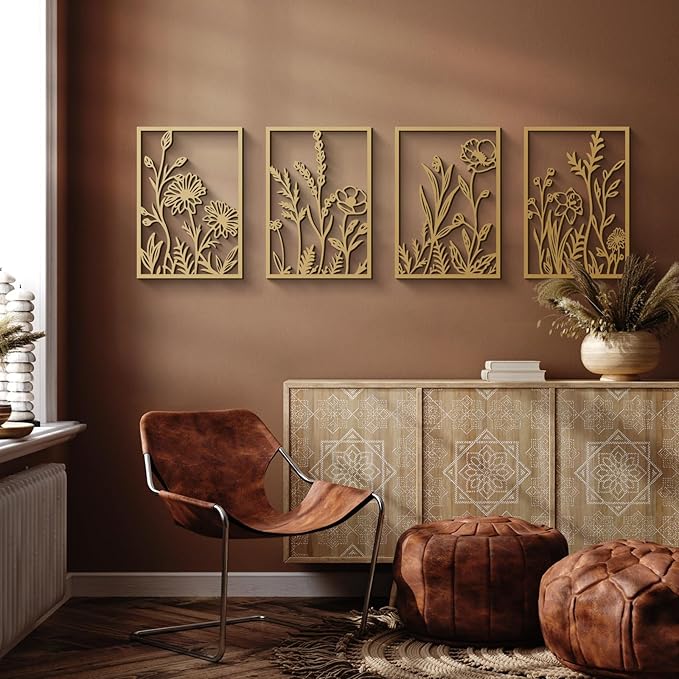 Glamativity 4 Pcs Black Abstract Flowers Metal Wall Art, Minimalist Floral Single Line Wall Décor, 3D Textured Sculptures, Rustic Nature Wall Art Décor for Living Room, Bedroom, Study (L Size 22.5x15.7'')