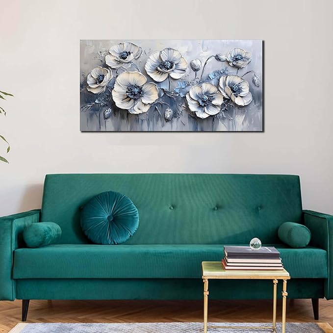 AOZEMI Flower Wall Decor for Bedroom White Canvas Wall Art Blue Wall Picture Artwork for Living Room Office 20" x 40"
