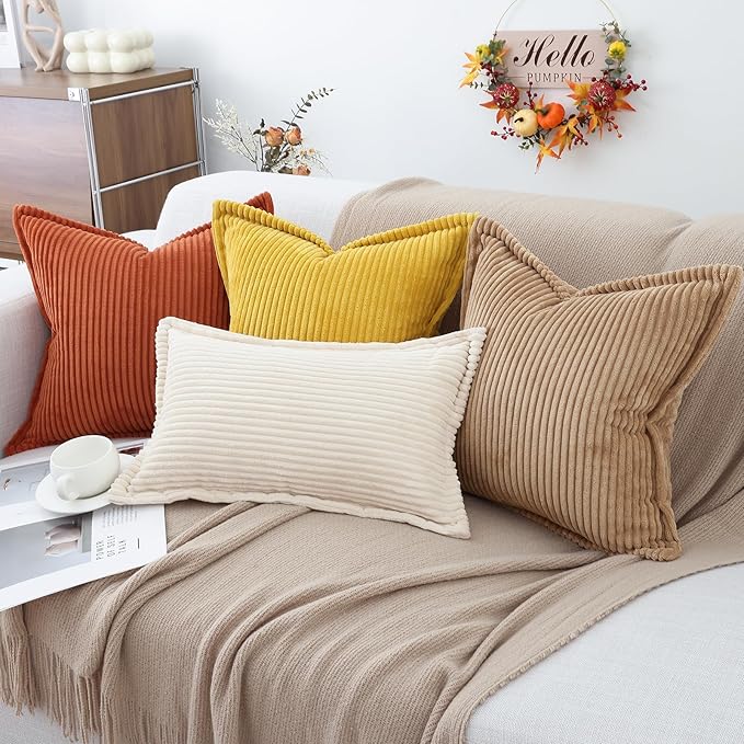 Mecatny Corduroy Fall Throw Pillow Covers 22x22 Set of 2, Neutral Decorative Soft Burnt Orange Boho Couch Pillow Covers with Broadside for Sofa Living Room, Rust