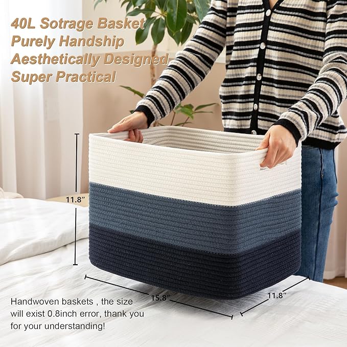 Storage Baskets for Organizing, 2 Pack Woven Basket for Storage, Rectangle Baskets for Shelves Closet Organizers, Toy Basket for Nursery Storage Living Room, Laundry Room, Bedroom (Gradient Blue)