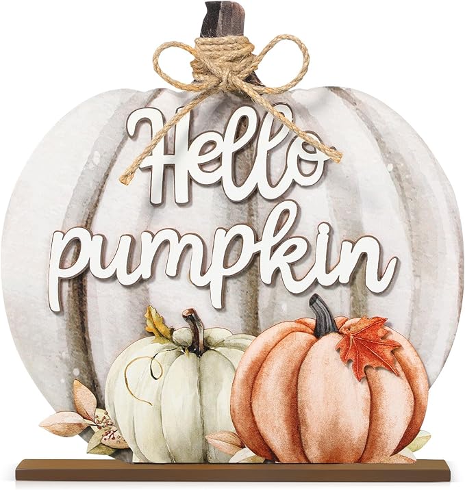 Soaoo Fall Decoration Wooden Fall Hello Pumpkin Sign Autumn Pumpkin Table Decor 11 Inch Wooden Autumn Desktop Ornament for Farmhouse Home Living Room Harvest Day Thanksgiving Decor(Grey,Cute)