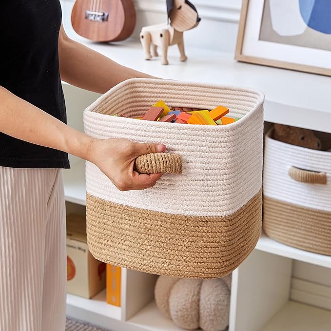 Storage Cube Baskets for Organizing -3 Pack -11 inch Square Baskets for Cube Storage, Closet Storage Bins-Woven Cube Storage Bins for Shelves- Ideal for Toy Storage |White & Khaki